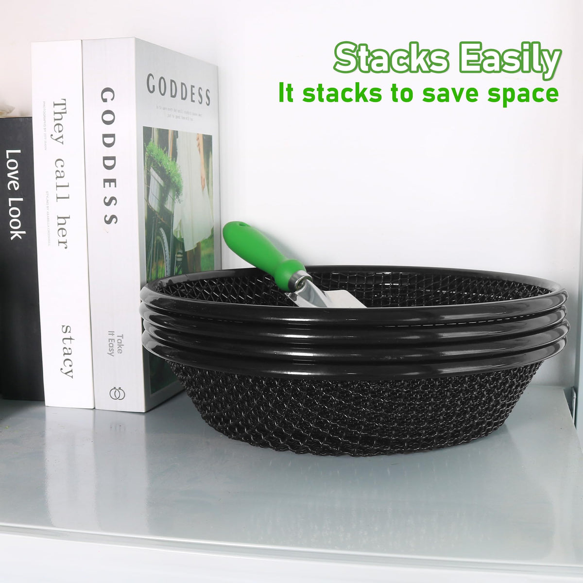 Mulctun soil sifter stackable storage saves space when not in use