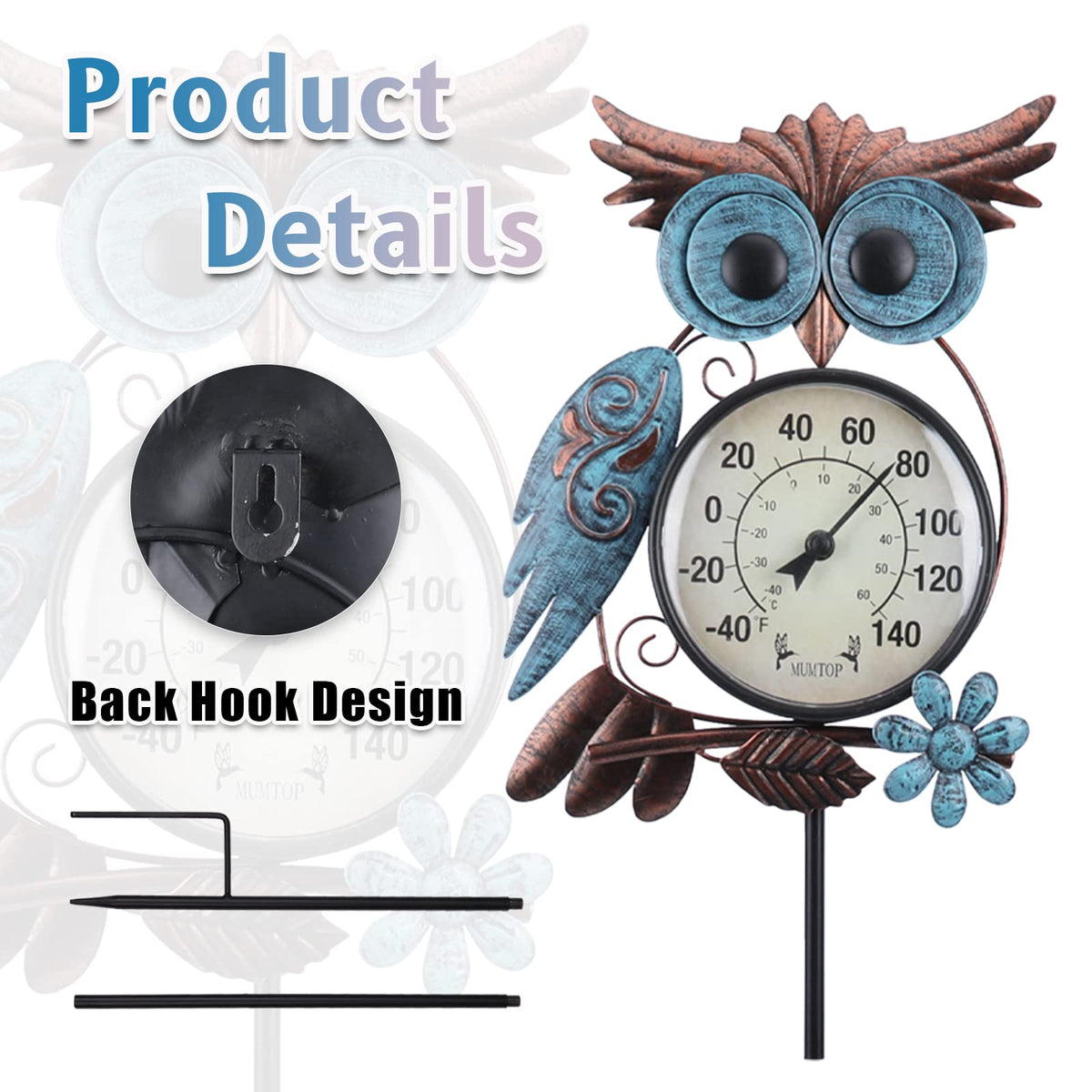 MUMTOP 42-inch owl garden stake shown in a sunny yard