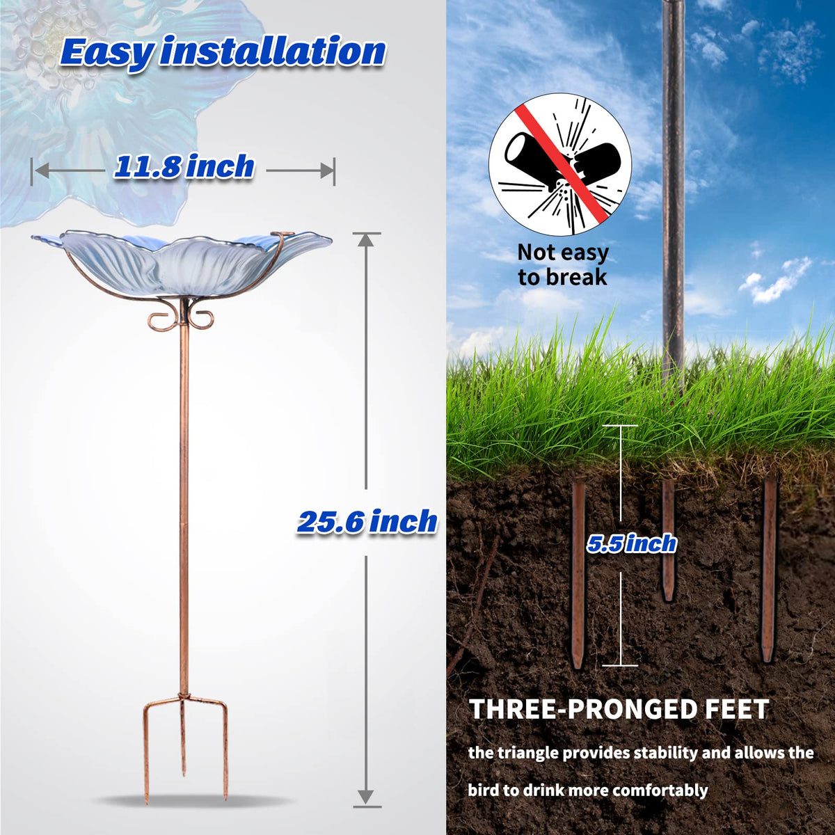 MUMTOP bird bath on a metal stake provides stable outdoor display.