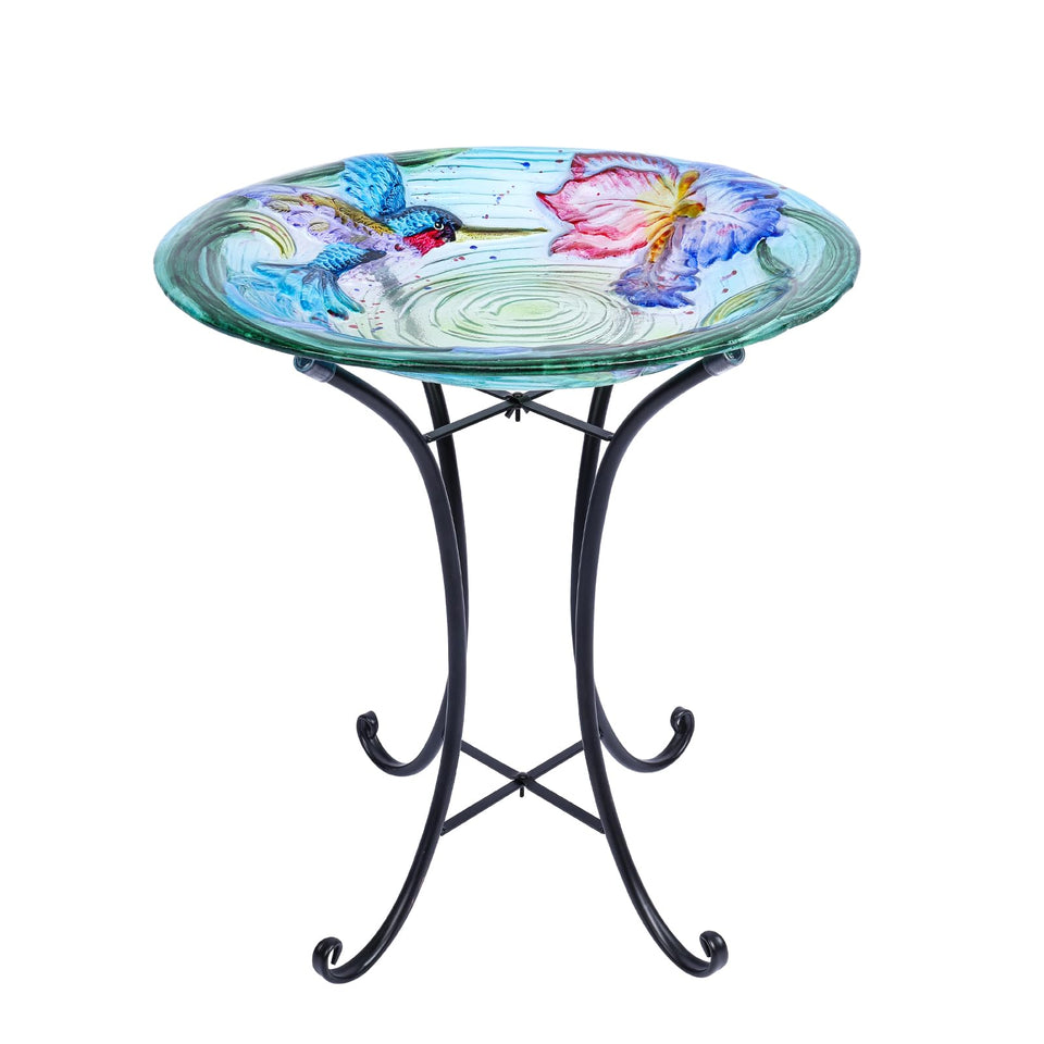 MUMTOP outdoor glass bird bath with hummingbird motif and sturdy stand for garden use