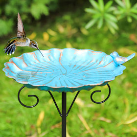 MUMTOP blue metal birdbath features durable, weatherproof construction.