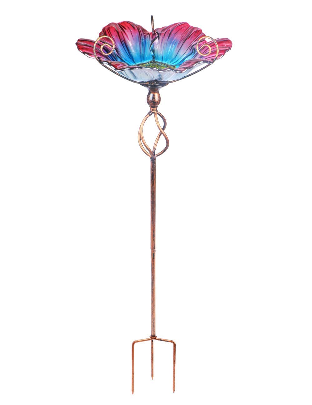Colorful glass bowl with a scalloped edge attracts birds to your garden.