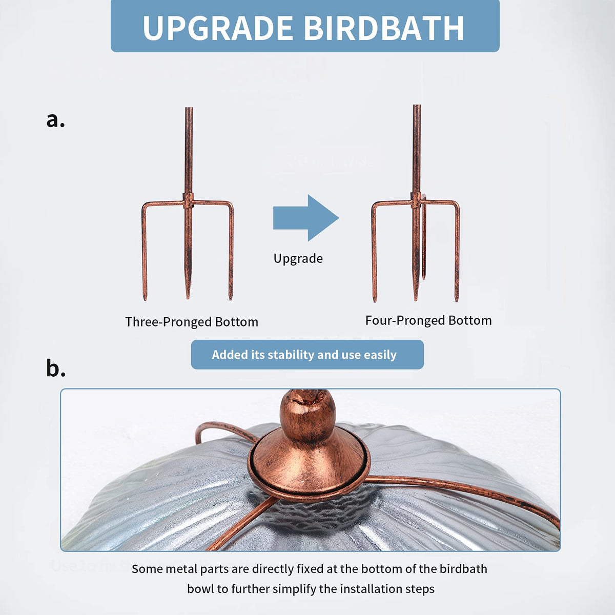 Blue birdbath complements gardens, lawns, porches, and flower beds
