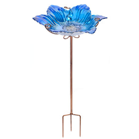 MUMTOP glass bird bath blue with flower pattern attracts birds to bathe.
