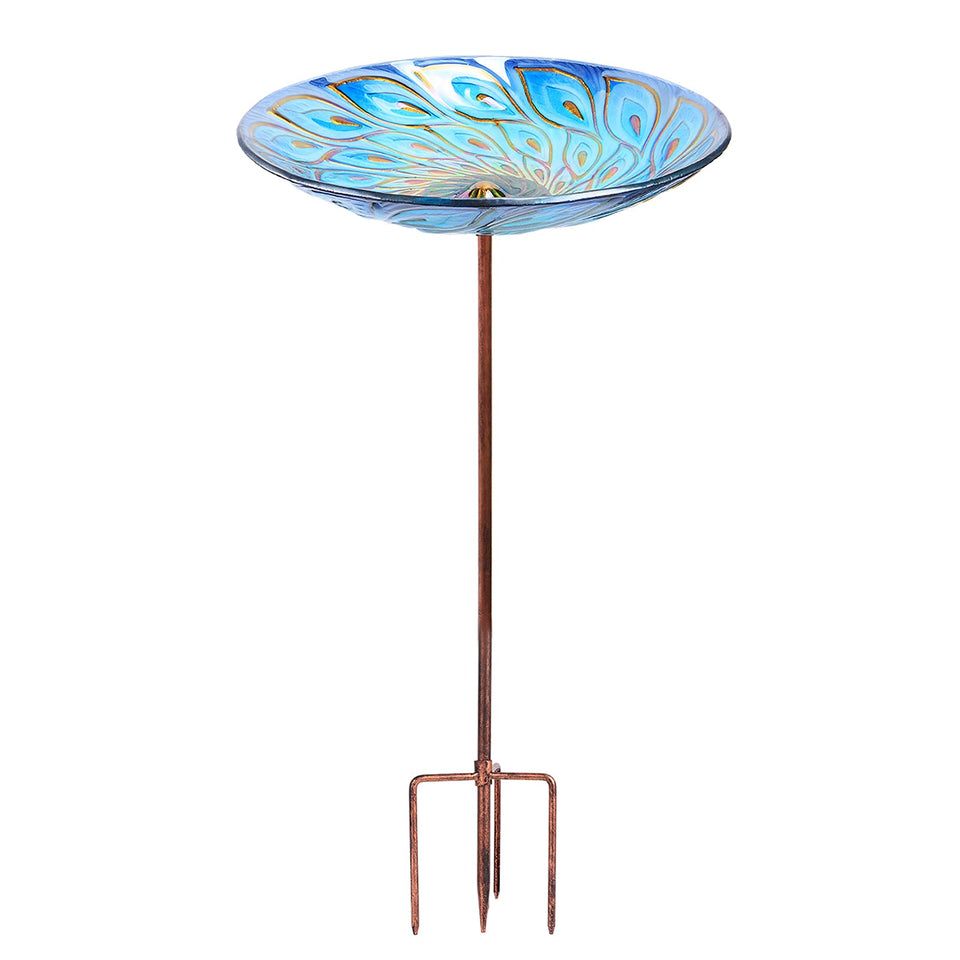 MUMTOP glass bird bath with peacock pattern attracts birds and enhances garden beauty