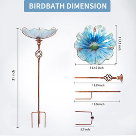 Colorful glass bowl adds decorative focal point and birdbath functionality