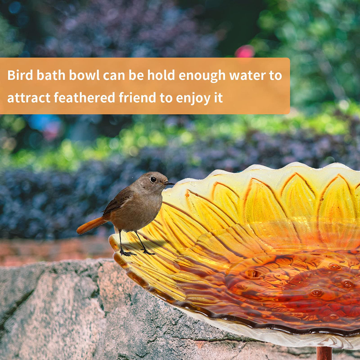 MUMTOP Glass Bird Bath with sunflower pattern bowl attracts visiting birds.