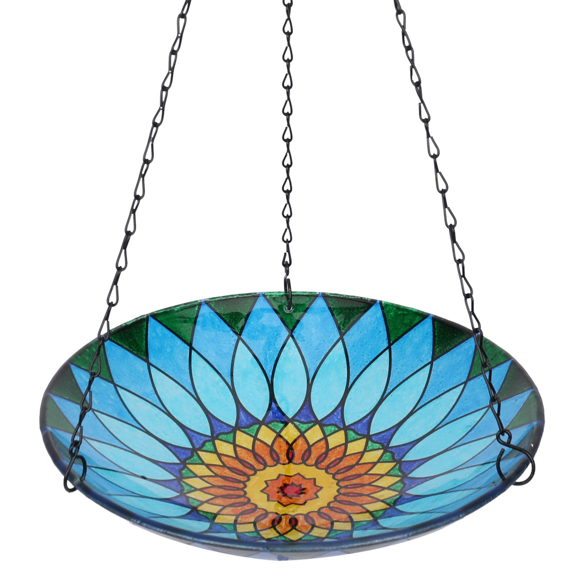 MUMTOP hanging bird bath with kaleidoscope glass design attracting birds to bathe.