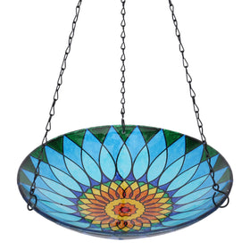 MUMTOP hanging bird bath with kaleidoscope glass design attracting birds to bathe.