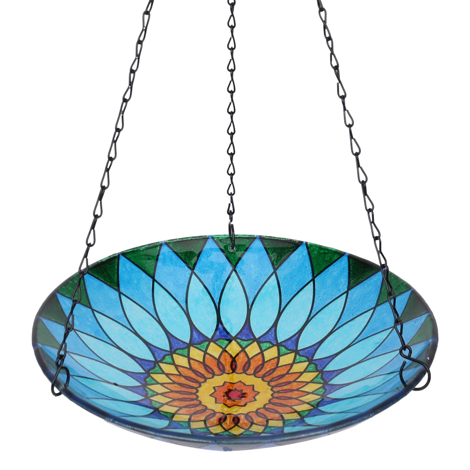 MUMTOP hanging bird bath with kaleidoscope glass design attracting birds to bathe.