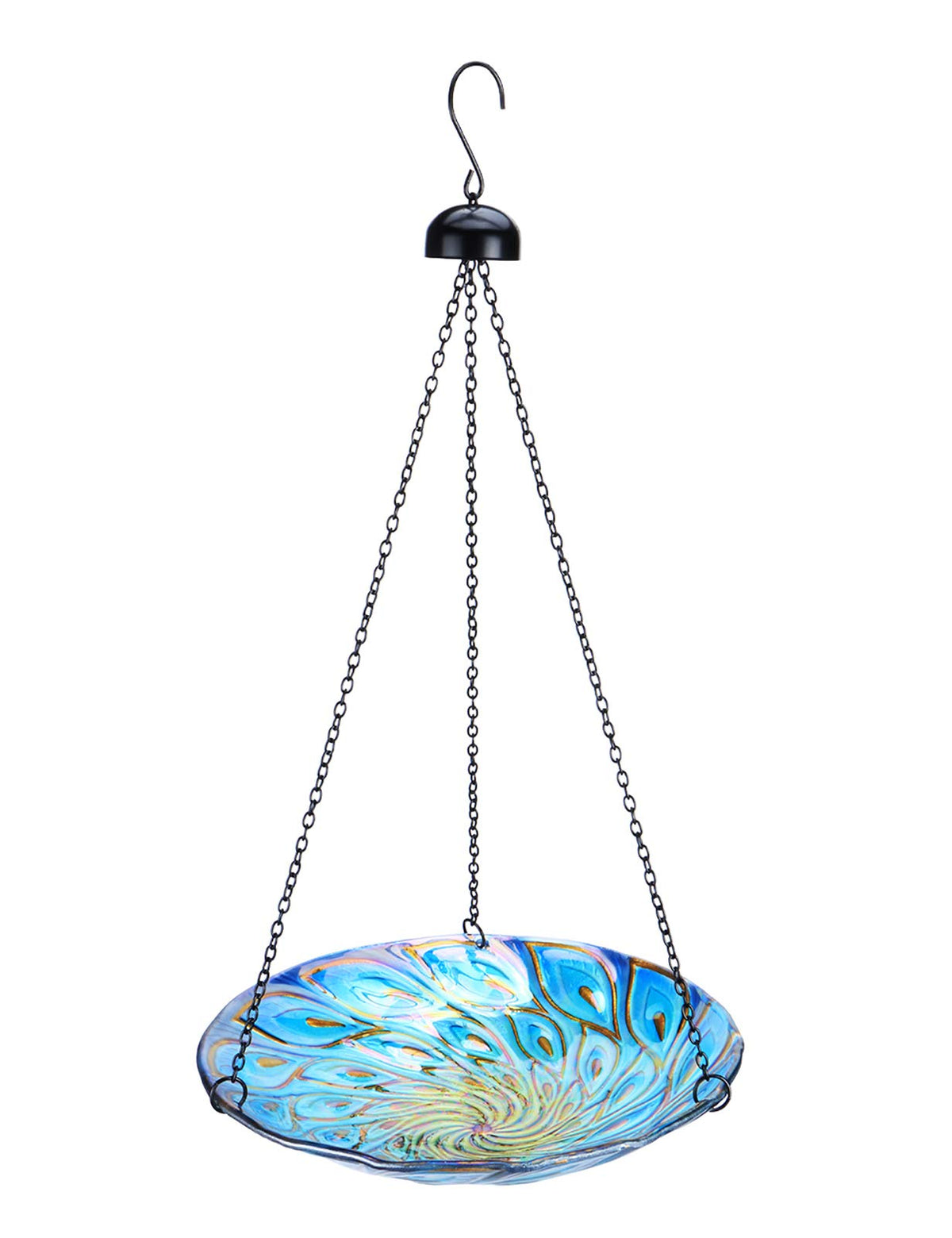 MUMTOP hanging bird bath with peacock pattern attracts birds for a refreshing bath.