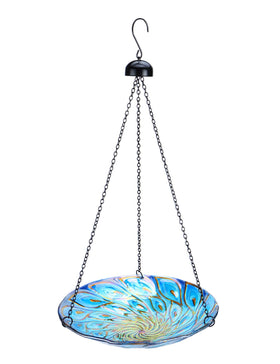 MUMTOP hanging bird bath with peacock pattern attracts birds for a refreshing bath.