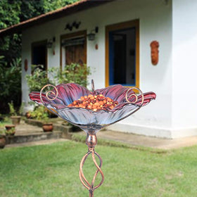 Outdoor birdbath and feeder combo inviting feathered visitors.