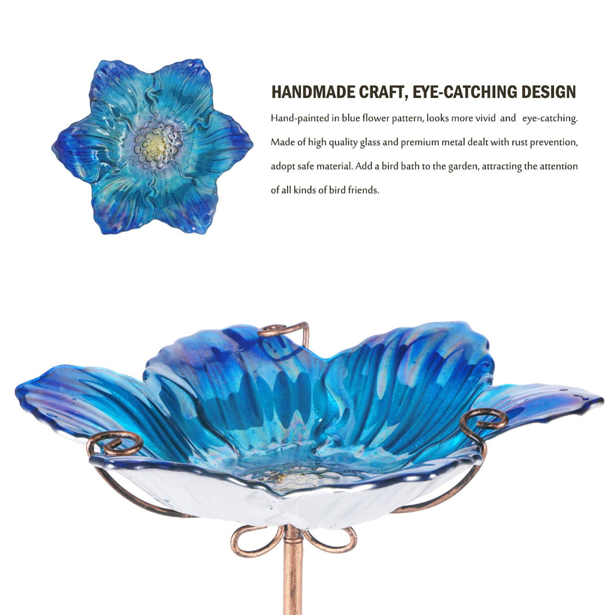 Blue glass bowl enhances garden decor and inviting bird watching.