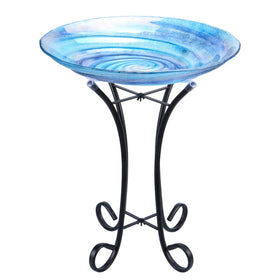 MUMTOP outdoor glass birdbath bowl close-up with a vibrant pattern for garden decor.