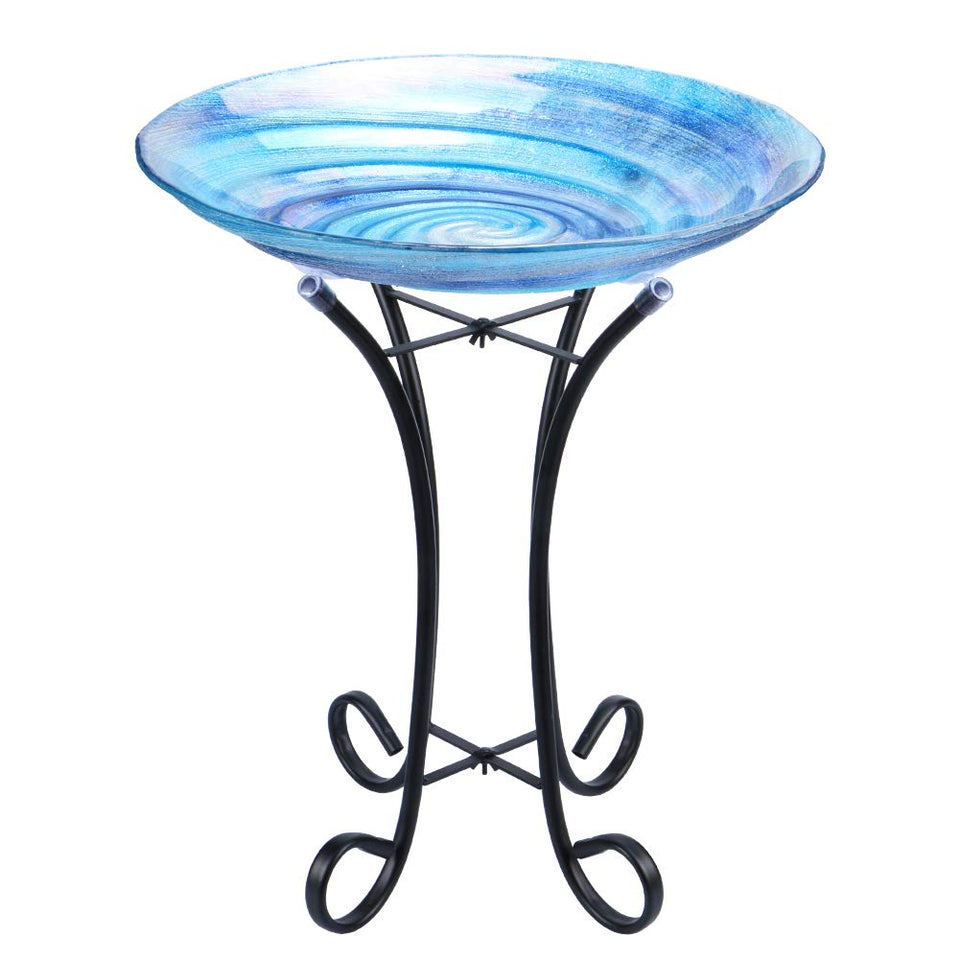 MUMTOP outdoor glass birdbath bowl close-up with a vibrant pattern for garden decor.