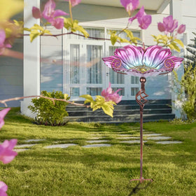 MUMTOP pink glass birdbath bowl with colorful pattern for garden charm.