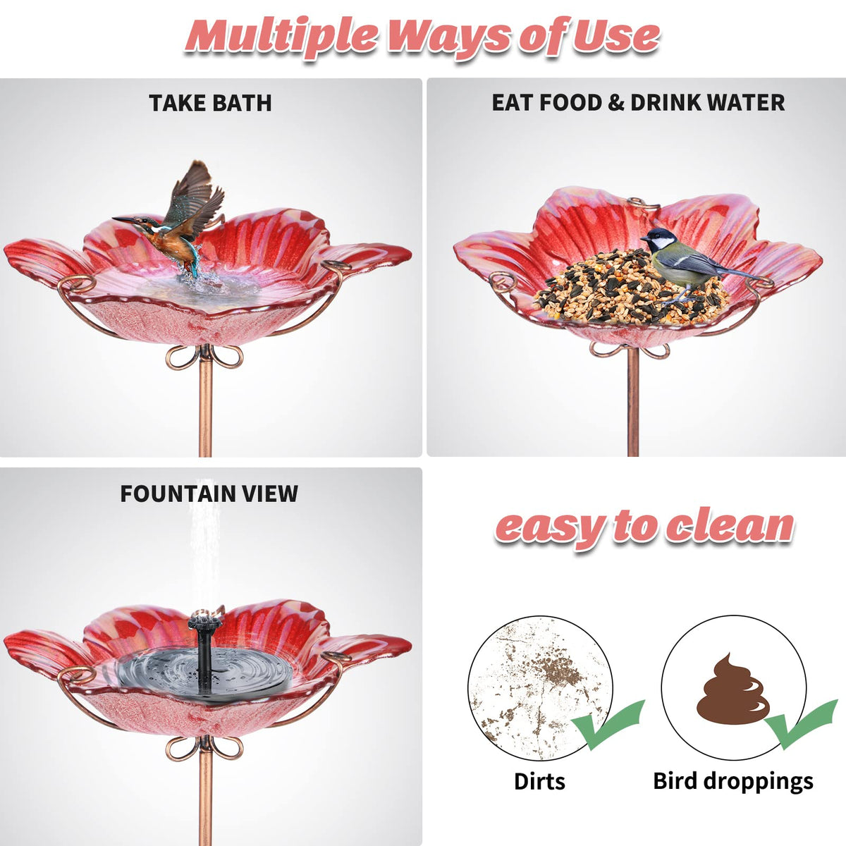 MUMTOP red glass bird bath stands out as vibrant yard decor.