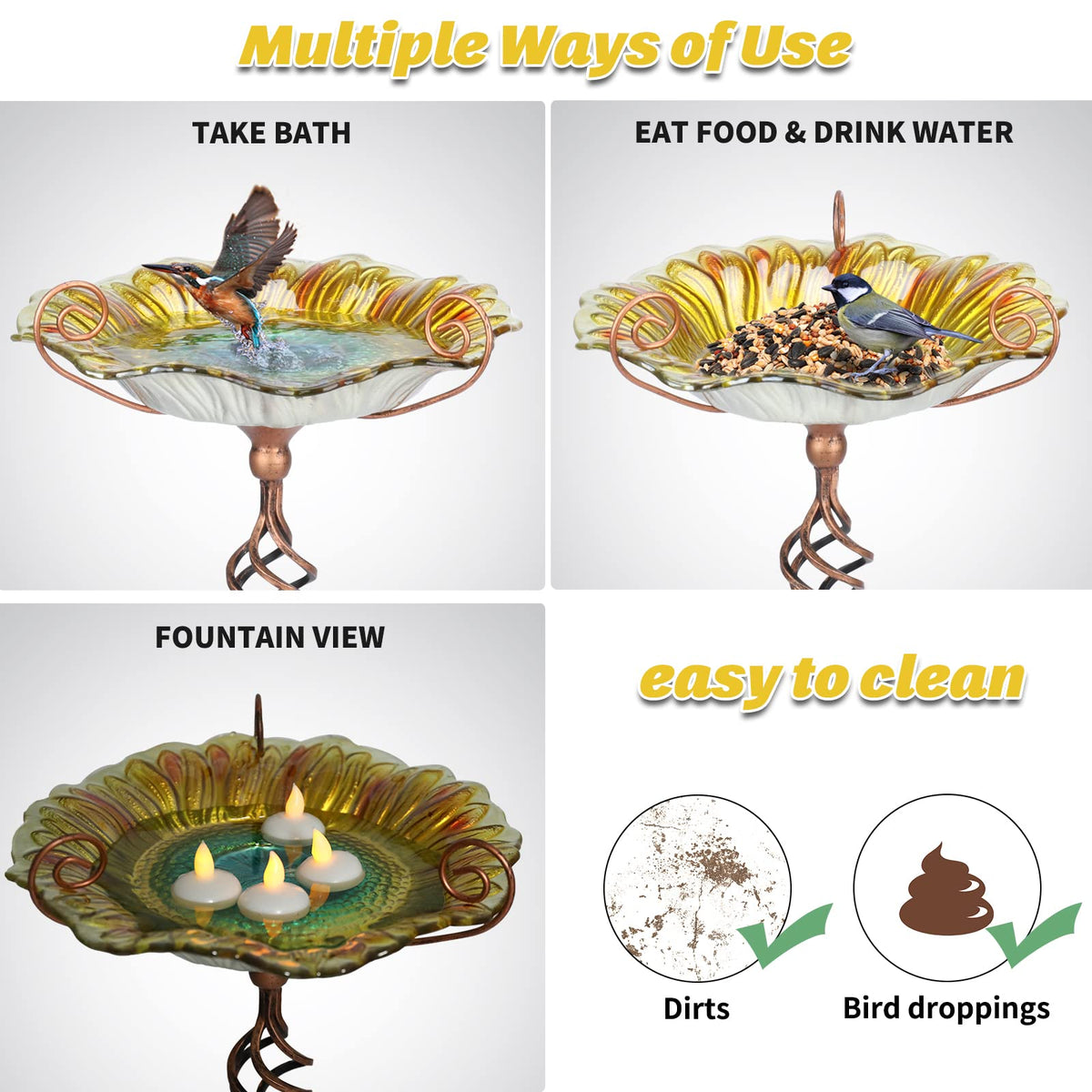 MUMTOP Bird Bath with rust-proof feet stays stable in wind and rain