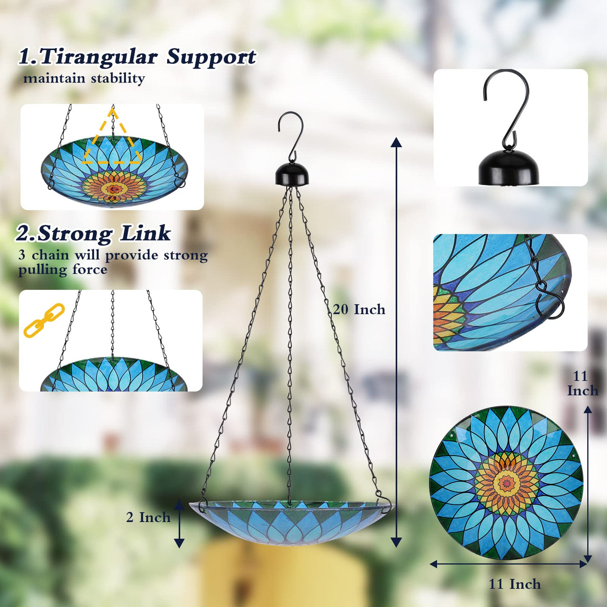 MUMTOP glass bird bath uses rustproof chain for long outdoor use.