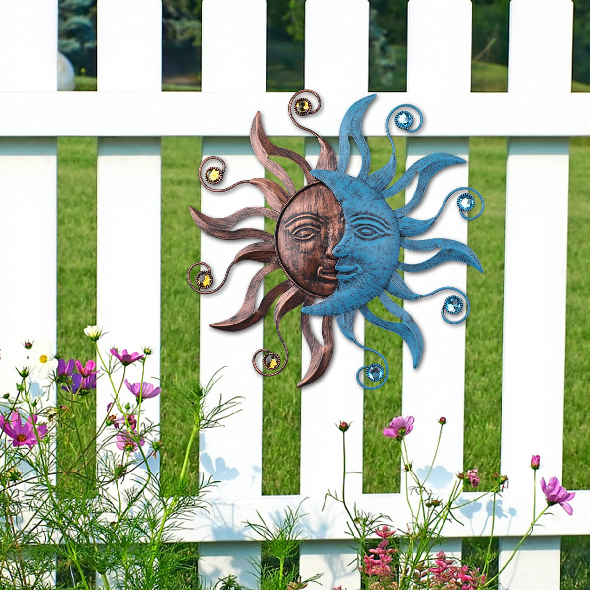 MUMTOP metal sun moon outdoor art withstands weather and resists fading
