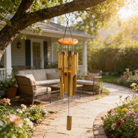MUMTOP wind chimes hanging from a tree branch creates natural soundscape.