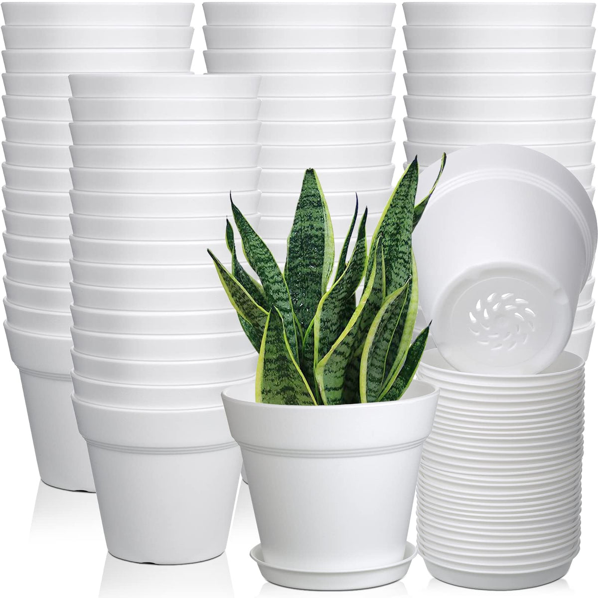 Mumufy 54-pack 4-inch plastic pots with saucers for indoor planting.
