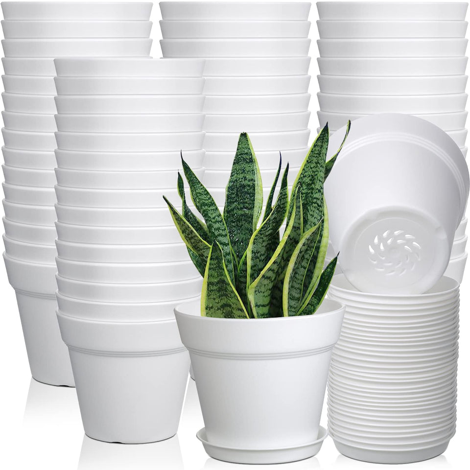 Mumufy 54-pack 4-inch plastic pots with saucers for indoor planting.
