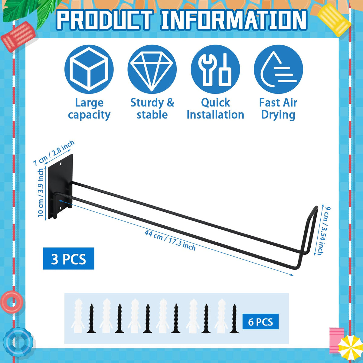 MUOUAKATE three-piece pool organizer neatly stores towels and goggles for quick access.