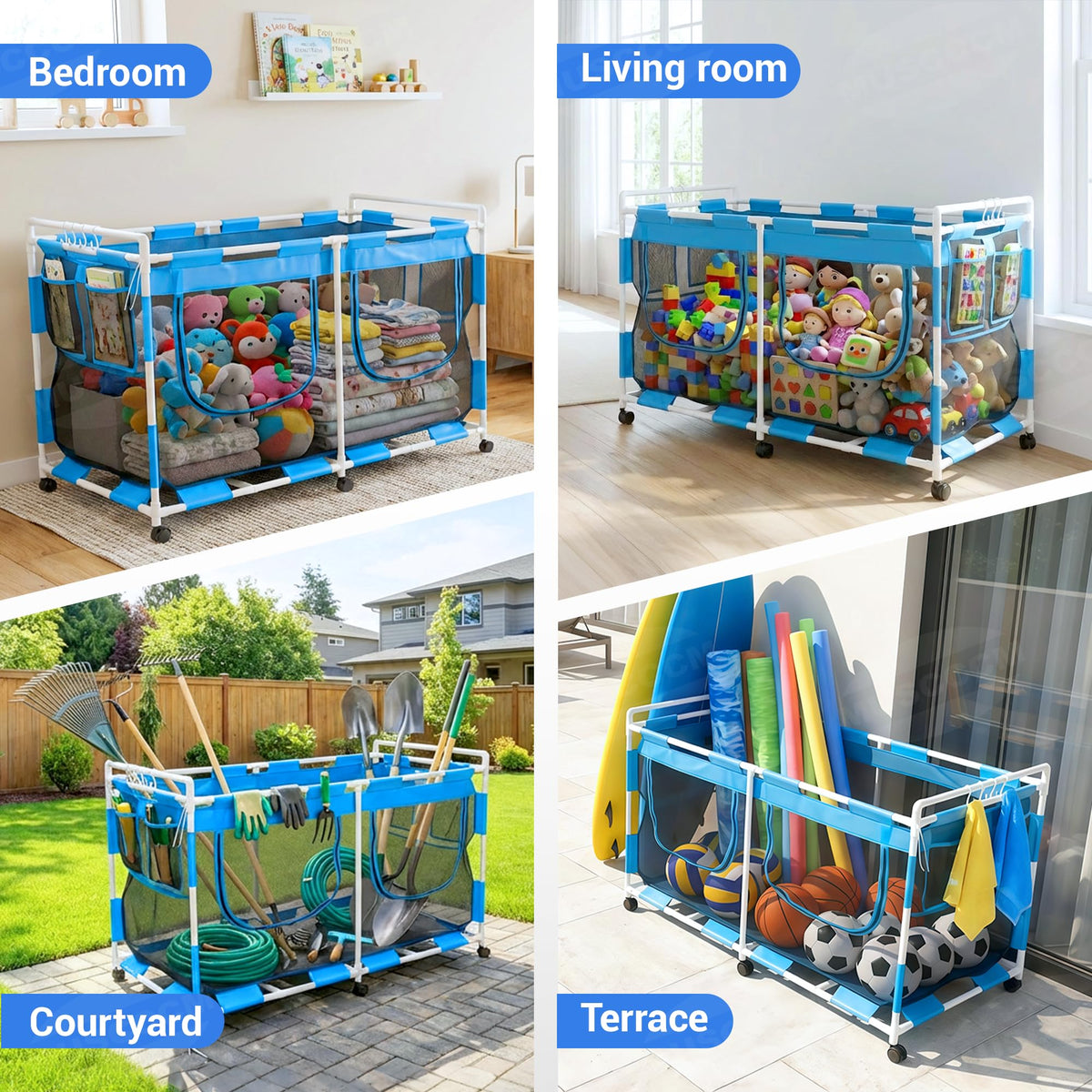 MUSCCCM pool storage bin packed with family gear for pool days.