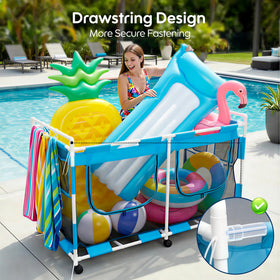 MUSCCCM pool storage bin pre-assembled frame with internal bungee stability.