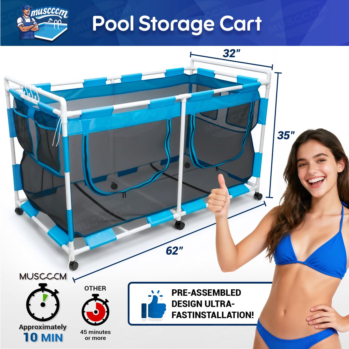 MUSCCCM pool storage bin side-opening design enabling easy bottom toy access.