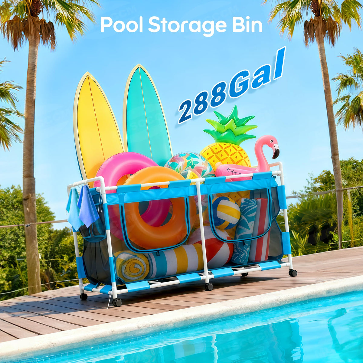 MUSCCCM pool storage bin six-brake wheels offer stable, easy mobility.