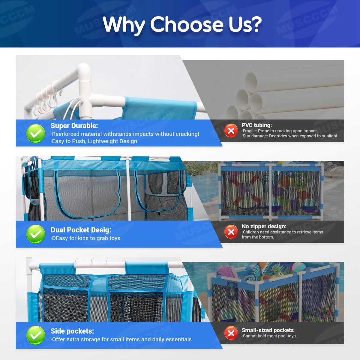 MUSCCCM pool storage bin top crossbar stores towels for quick pickup.