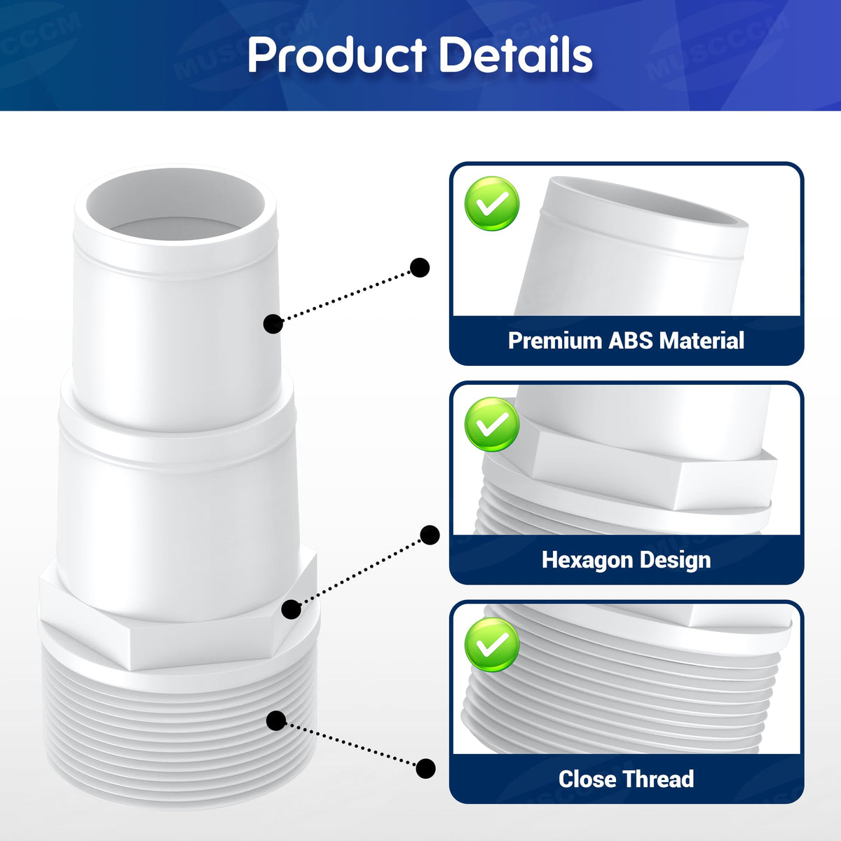 MUSCCCM pvc durability image highlights leak-proof threads for steady water flow.