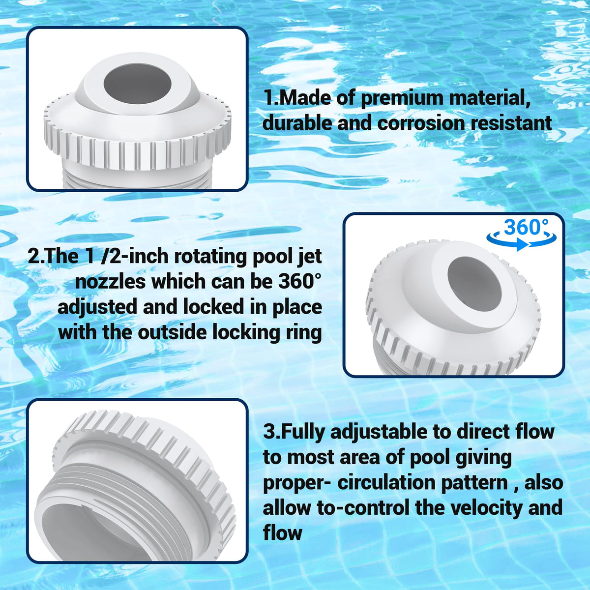 1-1/2 inch MIP threads fit standard pool fittings