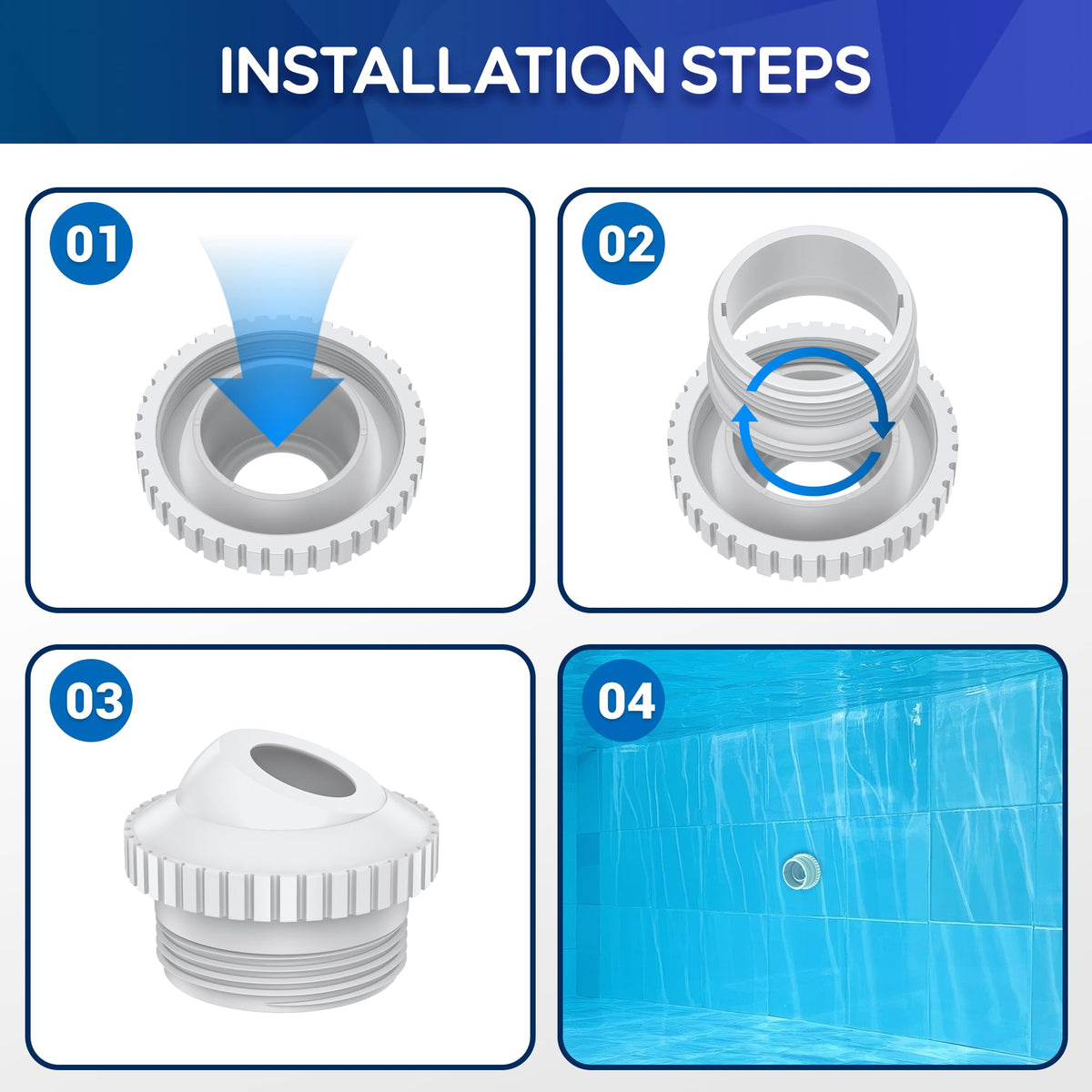 Easy twist-and-lock installation onto existing pool return jet housing