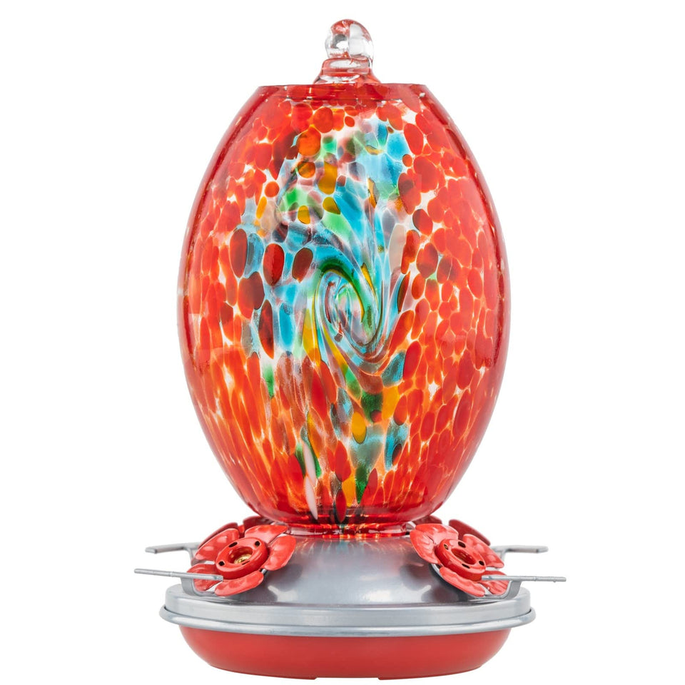 Muse Garden 27oz glass hummingbird feeder hangs outdoors inviting birds