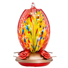 Muse Garden glass hummingbird feeder with 27oz bottle in red phoenix, close view for refill accessibility.