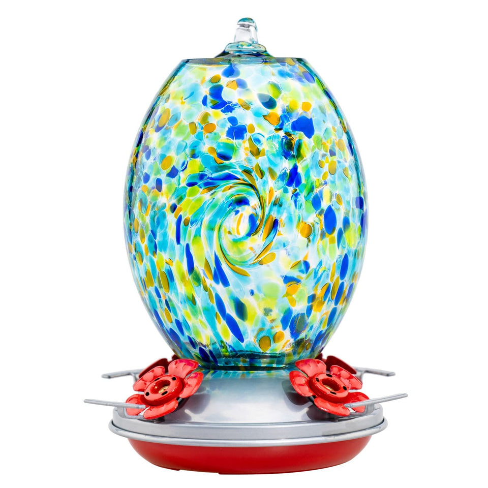 Muse Garden glass hummingbird feeder with 27oz capacity attracts hummingbirds and enhances outdoor decor.