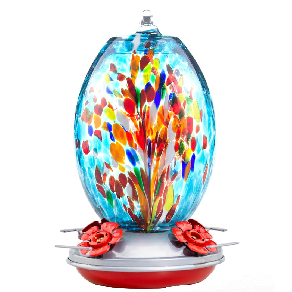 Muse Garden glass hummingbird feeder in blue fireworks design attracts garden visitors.