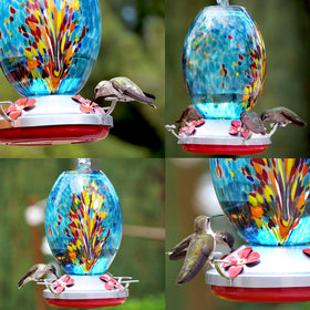 Close up of the hand blown glass bottle from Muse Garden for easy nectar refills.