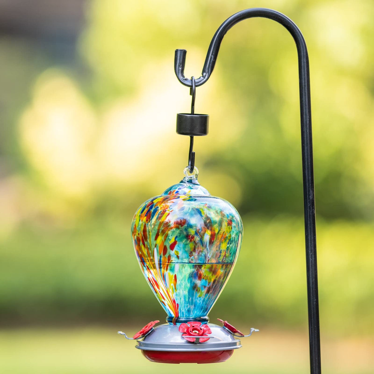 Muse Garden hanging glass hummingbird feeder full view invites frequent visits