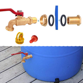 Musibo rain barrel brass valve close-up highlighting durable outdoor brass construction