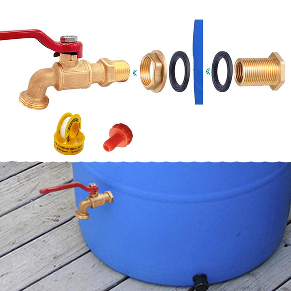 Musibo rain barrel brass valve close-up highlighting durable outdoor brass construction