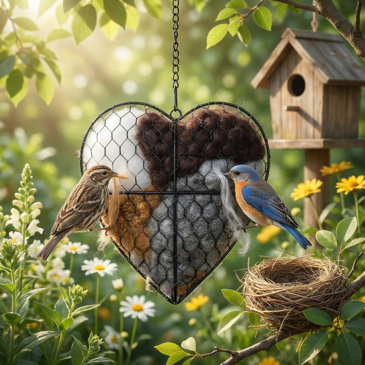 Mustio bird nesting heart with soft fibers inviting birds to nest in your yard