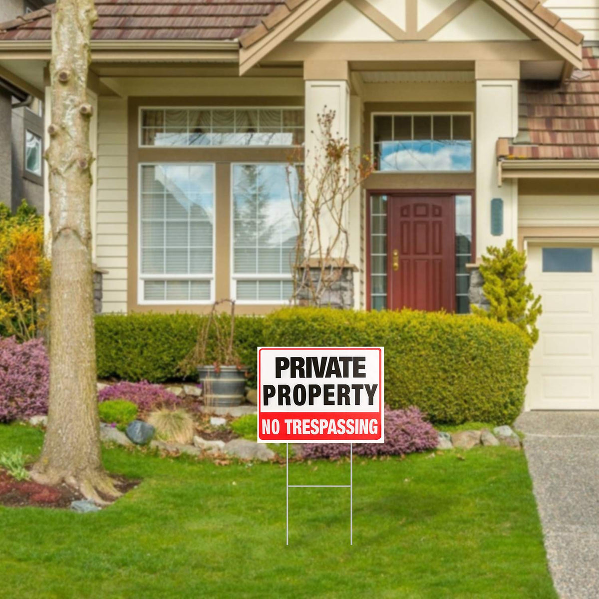 MUXYH yard sign in-use on porch demonstrates property protection and curb appeal