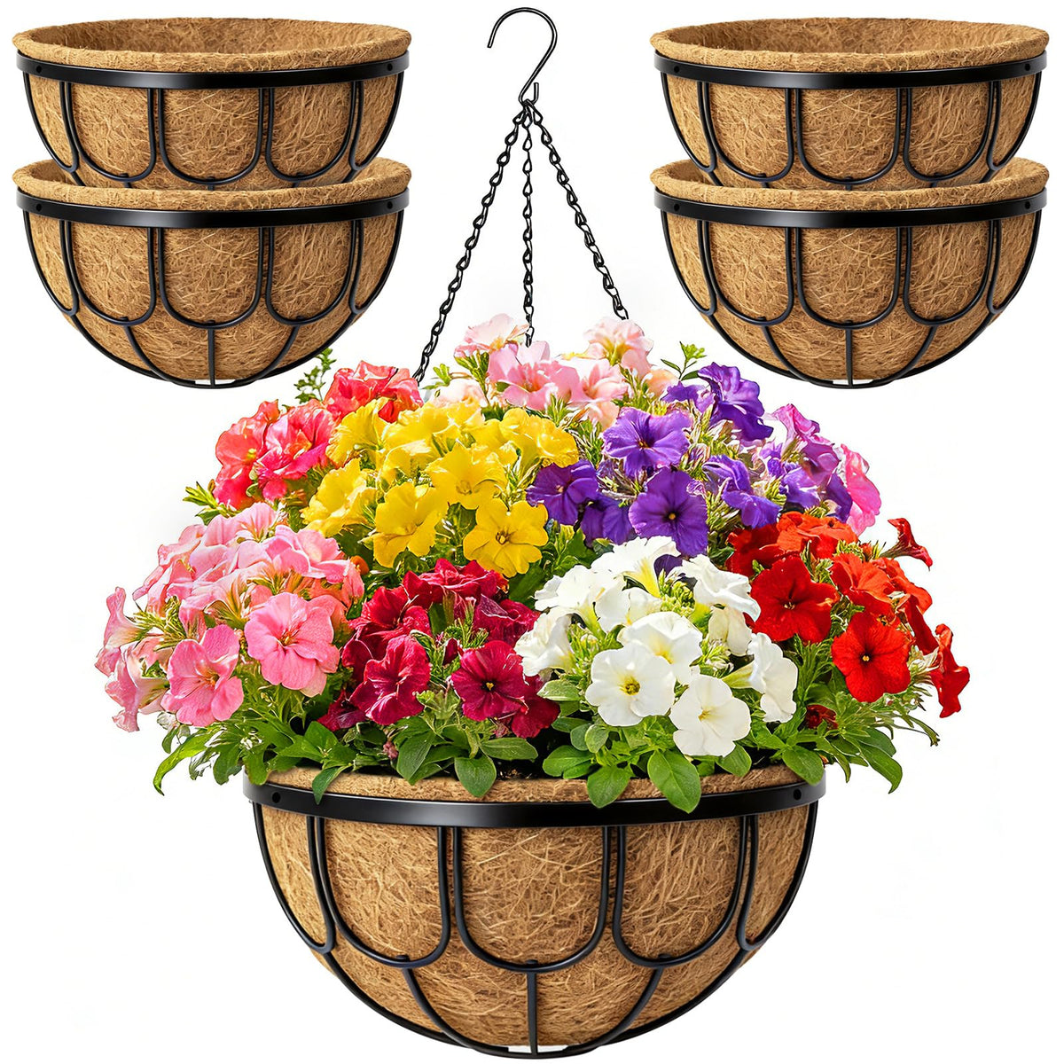 MUYEZHIYU 4-pack 12-inch hanging planters with coco liner promote healthy drainage and vibrant blooms.