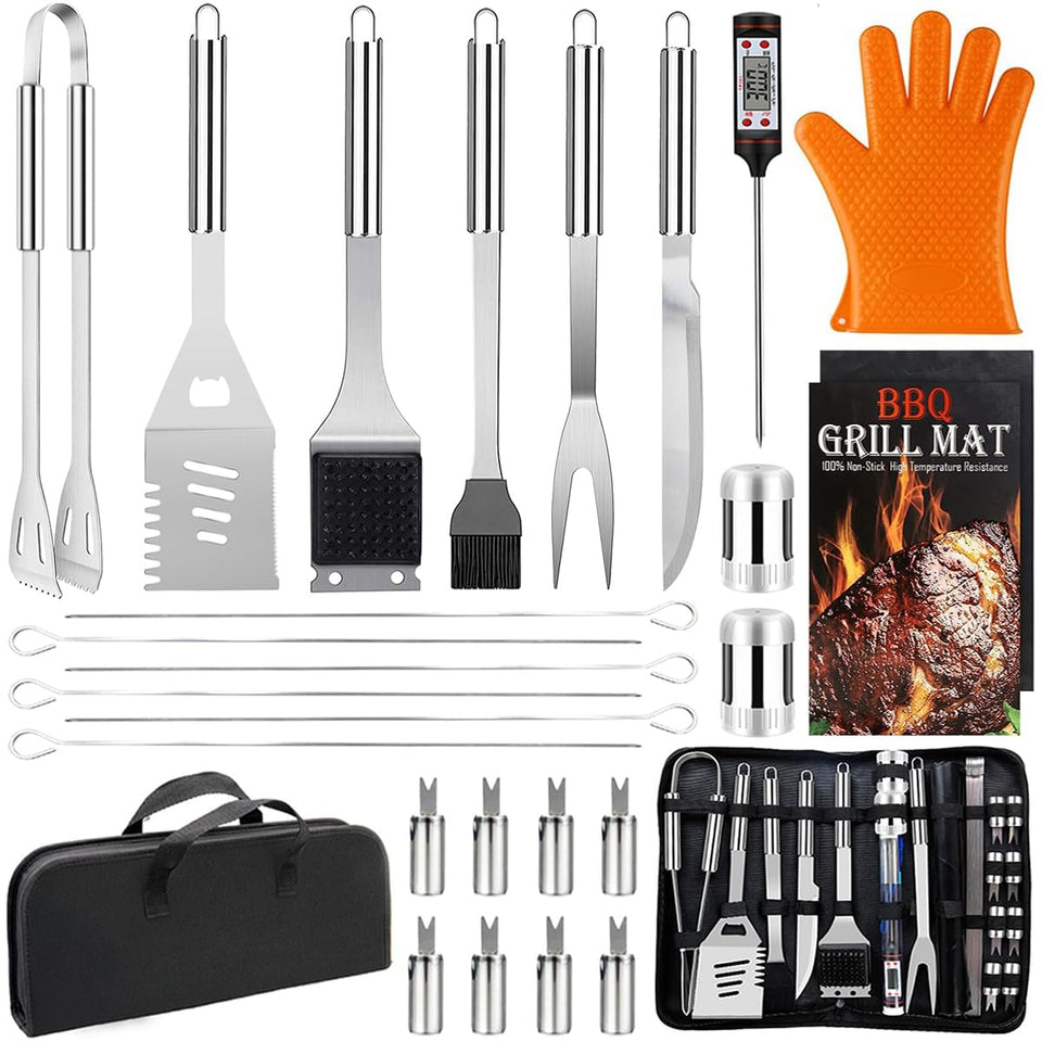 MUYFIO 28-piece grill set with tongs and spatula for outdoor grilling