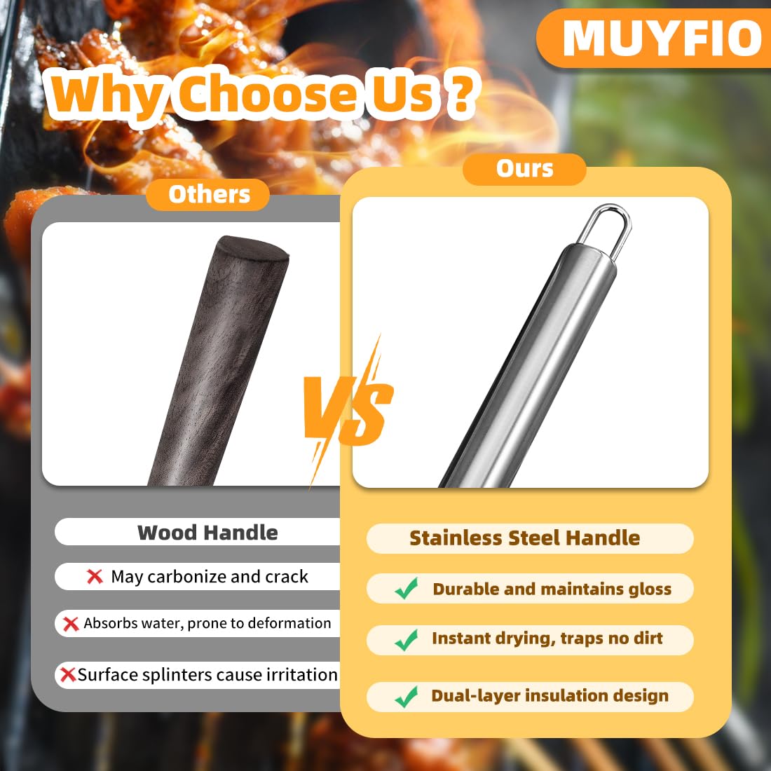 MUYFIO stainless steel handle design for comfortable grip and durability